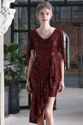 Summer Occassional Formal Burgunry Sequin Irregular Short Cocktail Dress