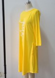 Autumn Casual Print Yellow O-Neck Pocket Shirt Dress