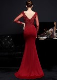 Autumn Occassional Formal Red Lace Upper V-Neck Mermaid Evening Dress