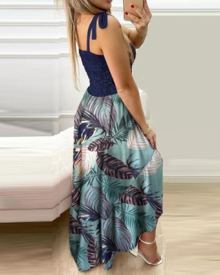 Summer Floral Pint Knotted Strap Maxi Sundress