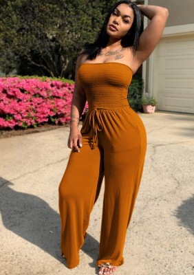 Summer Brown Sexy Fit-and-Flare Strapless Casual Jumpsuit