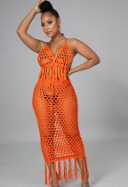 Summer Orange Fishnet Tassels Crop Top and Long Skirt 2 Piece Cover-Ups