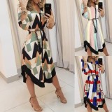 Autumn Multicolor Geommetric Long Blouse Dress with Belt