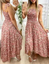 Summer Floral Pint Knotted Strap Maxi Sundress