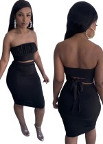 Summer Party Black Sexy Strapless Crop Top and Midi Skirt Set