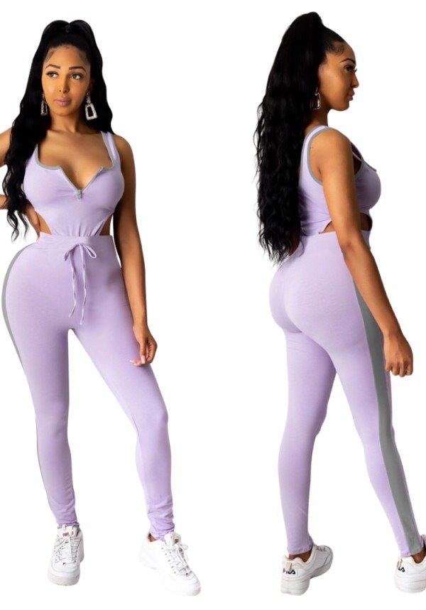 Summer Purple Sexy High Cut Sleeveless Bodysuit and Matching Pants Set