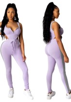 Summer Purple Sexy High Cut Sleeveless Bodysuit and Matching Pants Set