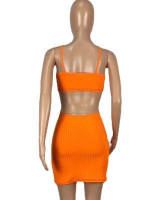 Summer Sexy Cut Out Ribbed Strap Bodycon Dress Orange