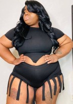 Summer Plus Size Black Sexy Crop Top and Fringe Shorts Set