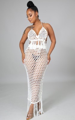 Summer White Fishnet Tassels Crop Top and Long Skirt 2 Piece Cover-Ups