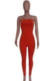 Summer Red Sexy Strapless Tight Basic Jumpsuit