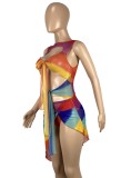 Summer Sexy Cut Out Irregular Sleeveless Rainbow Party Dress