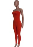 Summer Red Sexy Strapless Tight Basic Jumpsuit