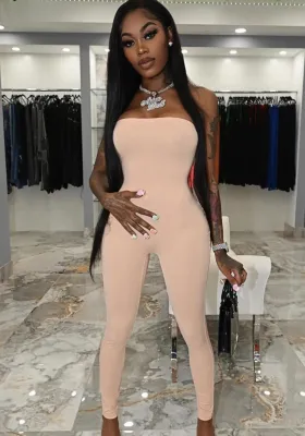Summer Pink Sexy Strapless Tight Basic Jumpsuit