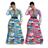Autumn Africa Stripes Long Maxi Dress with Full Sleeves