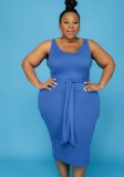 Autumn Plus Size Casual Blue Tank Midi Dress with Matching Overalls