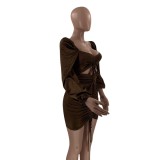 Autumn Party Cut Out Sexy Ruched Strings Brown Bodycon Dress