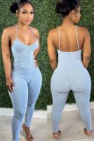 Summer Casual blue straps backless Jumpsuit