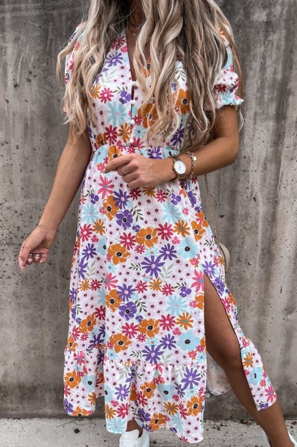 Summer Floral Pint V-Neck Slit Long Sundress