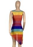 Summer Sexy Cut Out Irregular Sleeveless Rainbow Party Dress