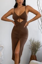 Summer Sexy Brown Hollow Out Drawstring Split Strap Long Dress