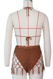 Summer brown Beachwear with mesh tassel covered up 2 piece set
