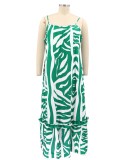 Summer Plus Size White and Green Print Strap Maxi Dress