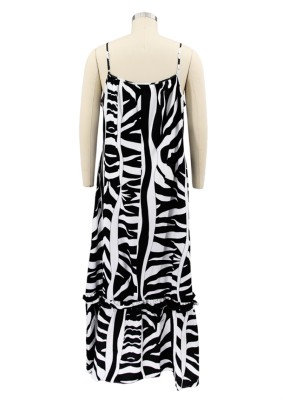 Summer Plus Size White and Black Print Strap Maxi Dress