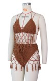 Summer brown Beachwear with mesh tassel covered up 2 piece set
