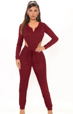 Autumn Casual red long sleeve bodysuit and pant matching set