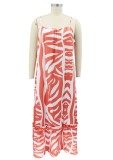Summer Plus Size White and Orange Print Strap Maxi Dress