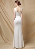 Elegant Beaded White Side Split Sleeveless Mermaid Evening Dress