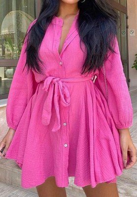 Autumn Casual pink button open with belt long sleeve Ruffled midi Dress