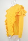 Autumn Yellow Round Neck Ruffled Long Sleeve Sweater