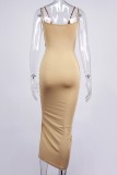 Summer Sexy Khaki Hollow Out Drawstring Split Strap Long Dress