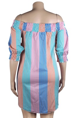 Summer plus size multicolor stripe off shoulder half sleeve shirt dress