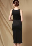 Elegant Black Side Split Sleeveless Round Neck Skinny Formal Midi Dress
