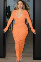 Autumn Sexy orange see through long sleeve maxi dress
