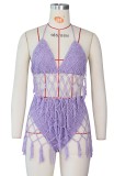 Summer purple Beachwear with mesh tassel covered up 2 piece set