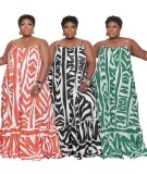 Summer Plus Size White and Green Print Strap Maxi Dress