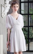 Elegant White Sequins Surplice Neck Hollow Out Short Sleeve Party Dress