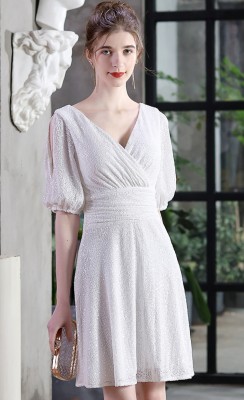 Elegant White Sequins Surplice Neck Hollow Out Short Sleeve Party Dress