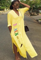 Summer Casual yellow letter Print with open button long shirt dress