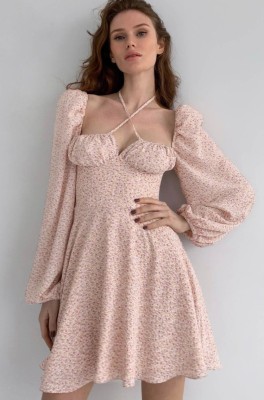 Autumn Pink Floral Sweetheart Halter Neck A-line Dress wiht Bubble Long Sleeve