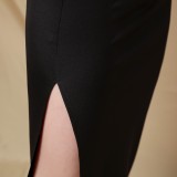 Elegant Black Side Split Sleeveless Round Neck Skinny Formal Midi Dress