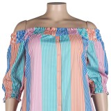 Summer plus size multicolor stripe off shoulder half sleeve shirt dress