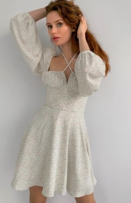Autumn White Floral Sweetheart Halter Neck A-line Dress wiht Bubble Long Sleeve