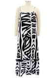 Summer Plus Size White and Black Print Strap Maxi Dress