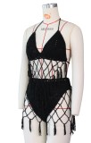 Summer black Beachwear with mesh tassel covered up 2 piece set