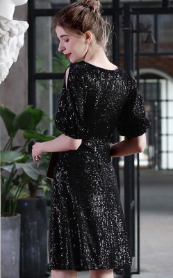 Elegant Black Sequins Surplice Neck Hollow Out Short Sleeve Party Dress